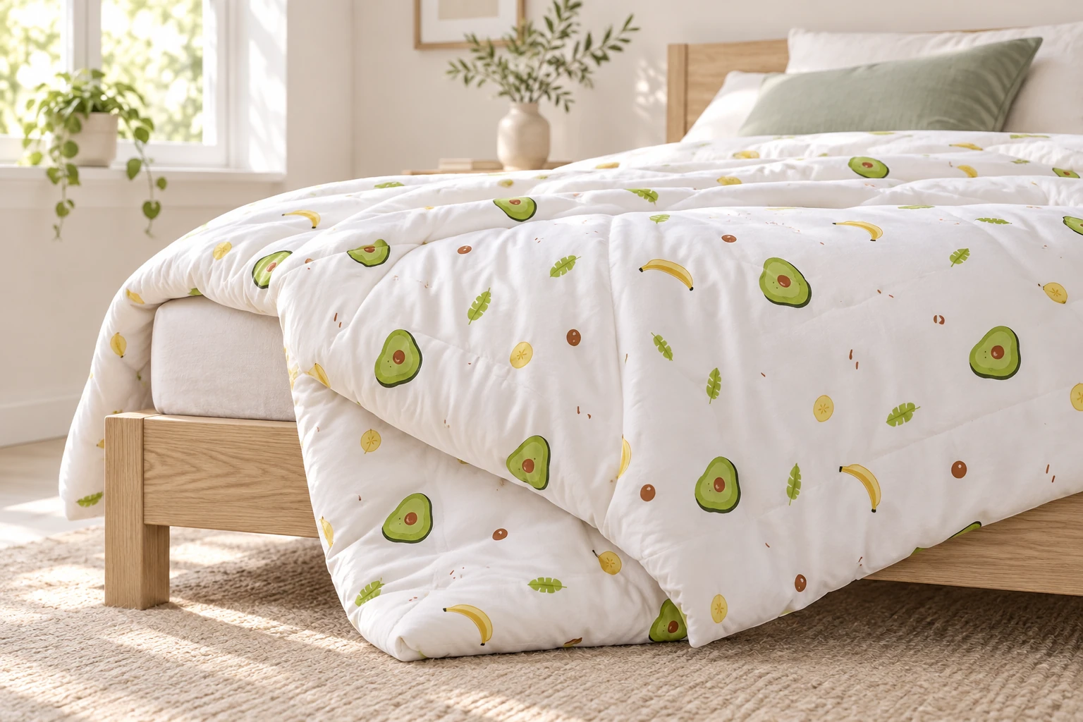 Fruit print cotton quilt on a bed