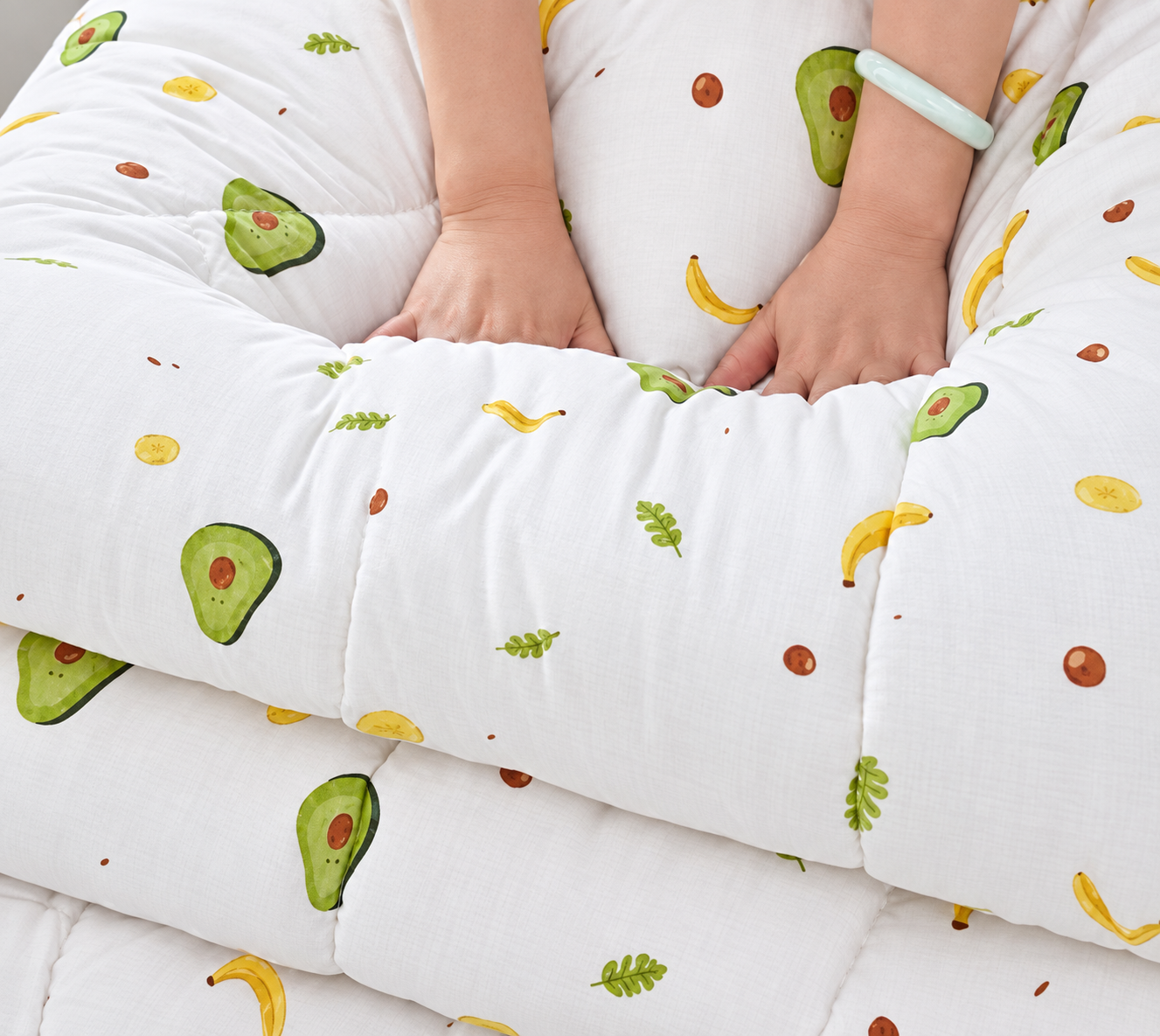 Close detail of the fruit print quilt
